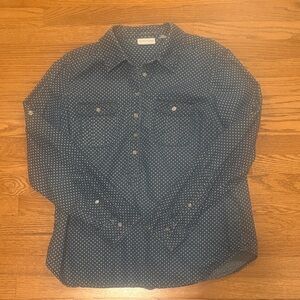 Polka dot long sleeve blue & white chambray top with silver buttons at neck